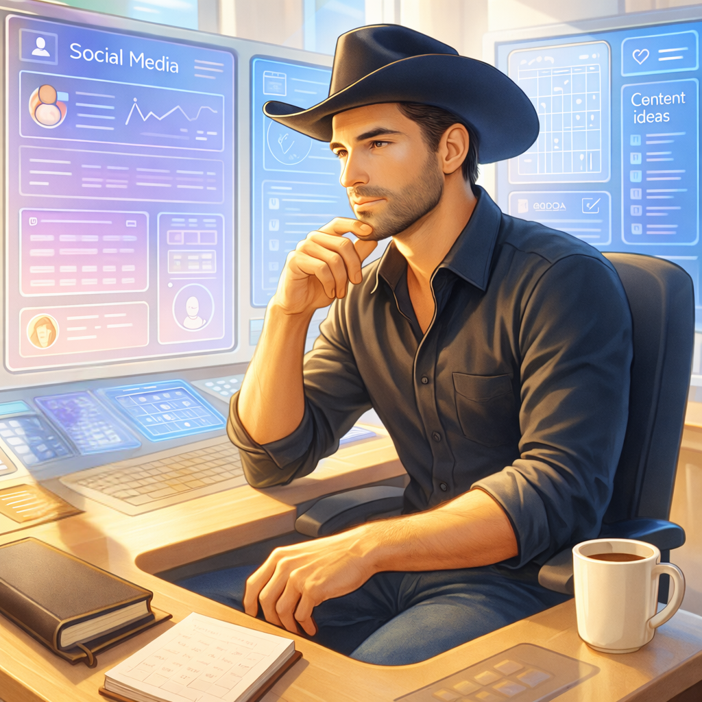 Ai cowboy sitting at desk working on strategy